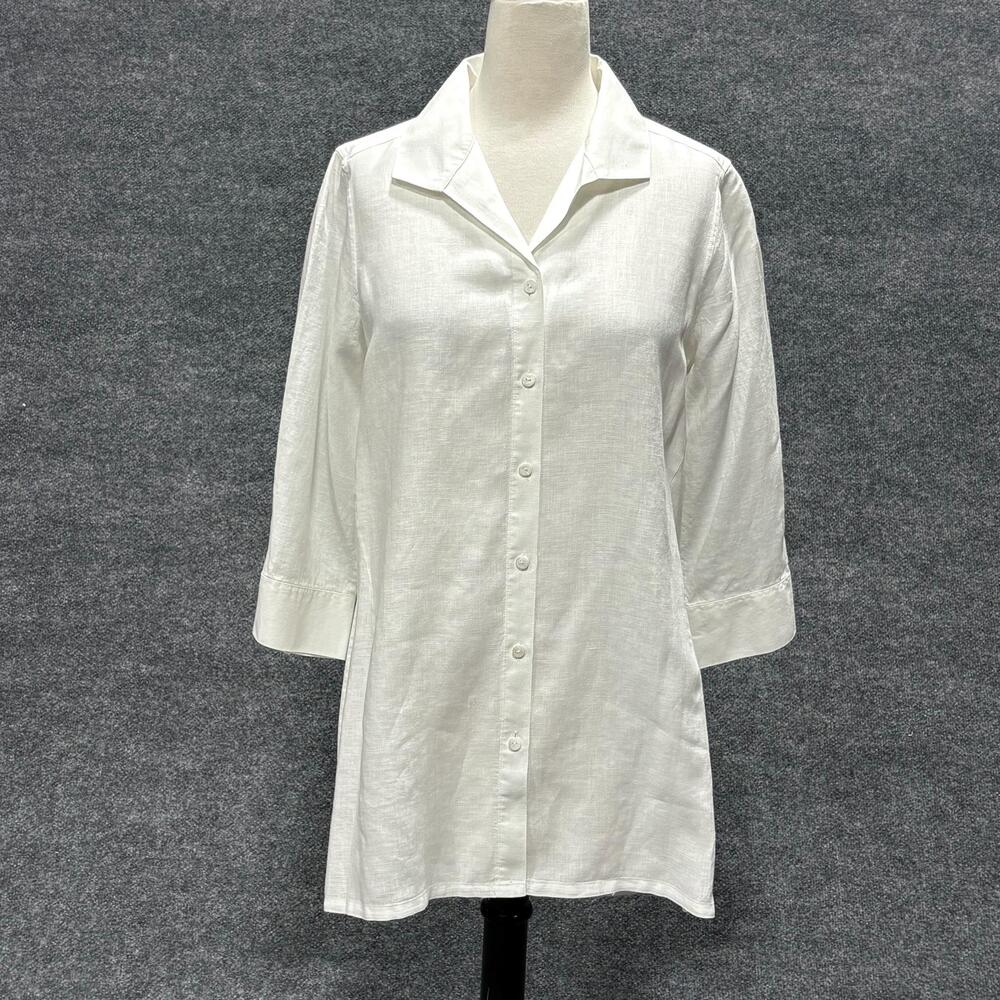 Foxcroft Shirt Womens 6 White Linen Heritage Non Iron Tunic Top 3/4 Sleeve